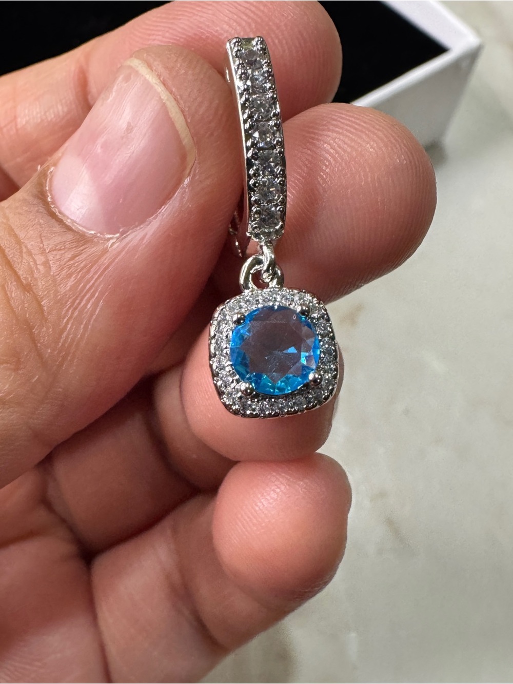Blue Topaz and Moissanite Blue Crystal Halo Drop Earrings - Picture 9 of 12
